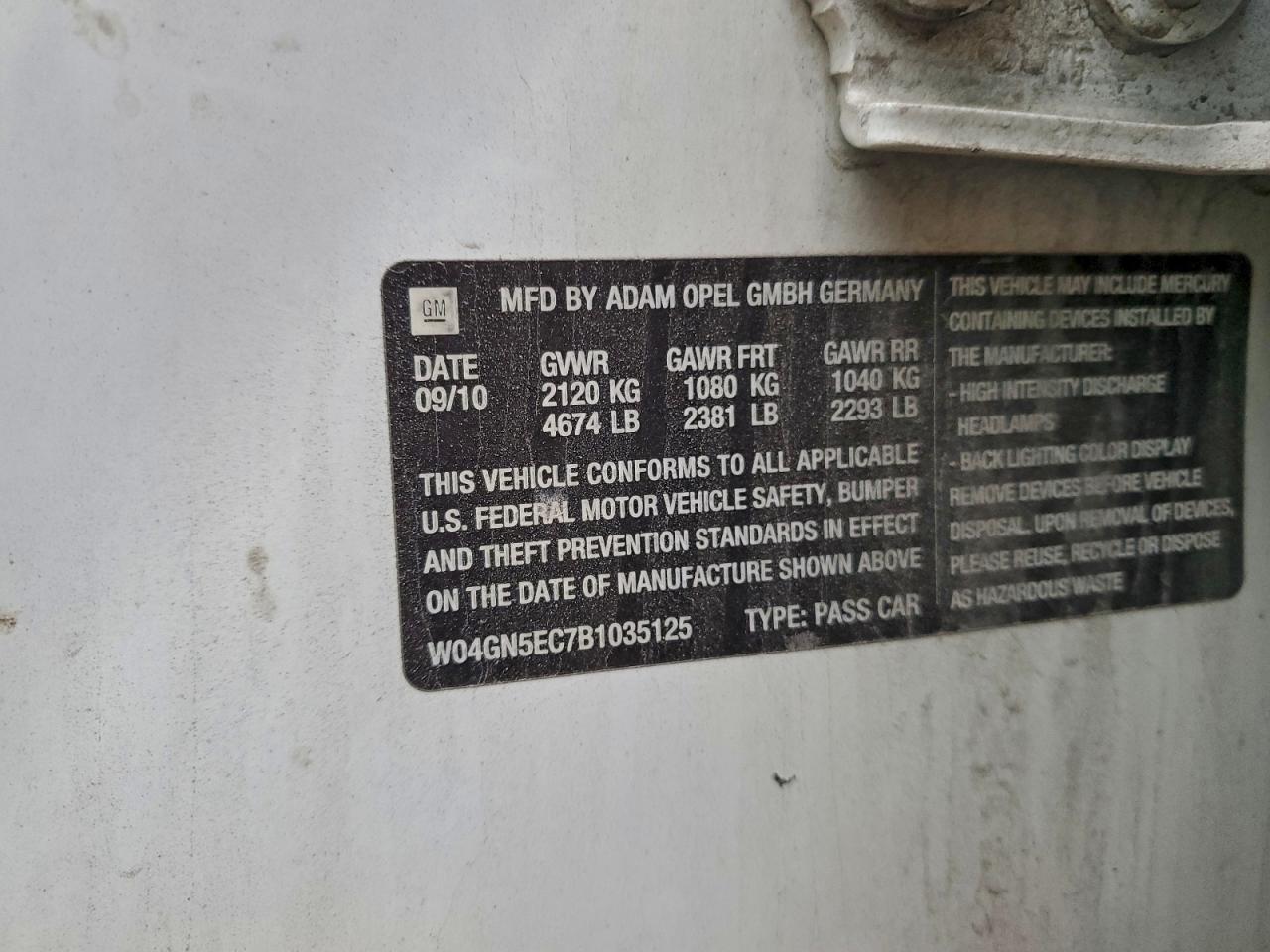 2011 Buick Regal Cxl VIN: W04GN5EC7B1035125 Lot: 94306285