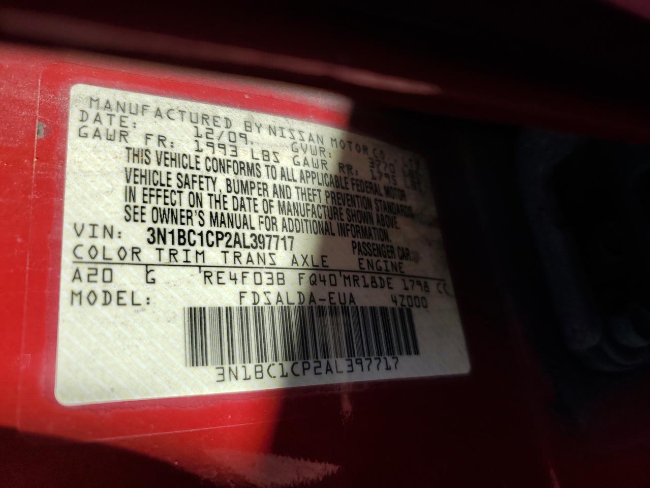 2010 Nissan Versa S VIN: 3N1BC1CP2AL397717 Lot: 92574795