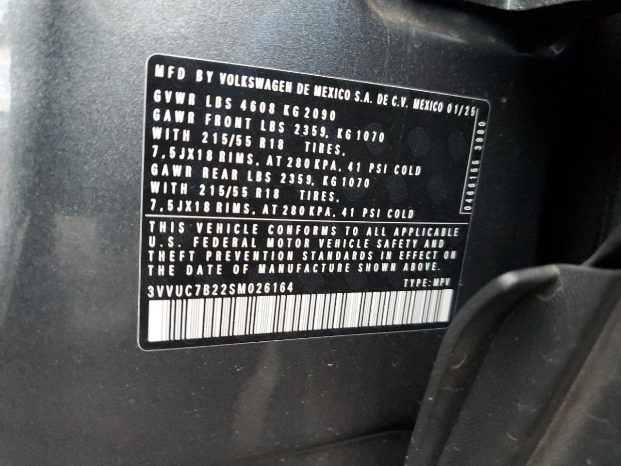 2025 Volkswagen Taos Se VIN: 3VVUC7B22SM026164 Lot: 92233965