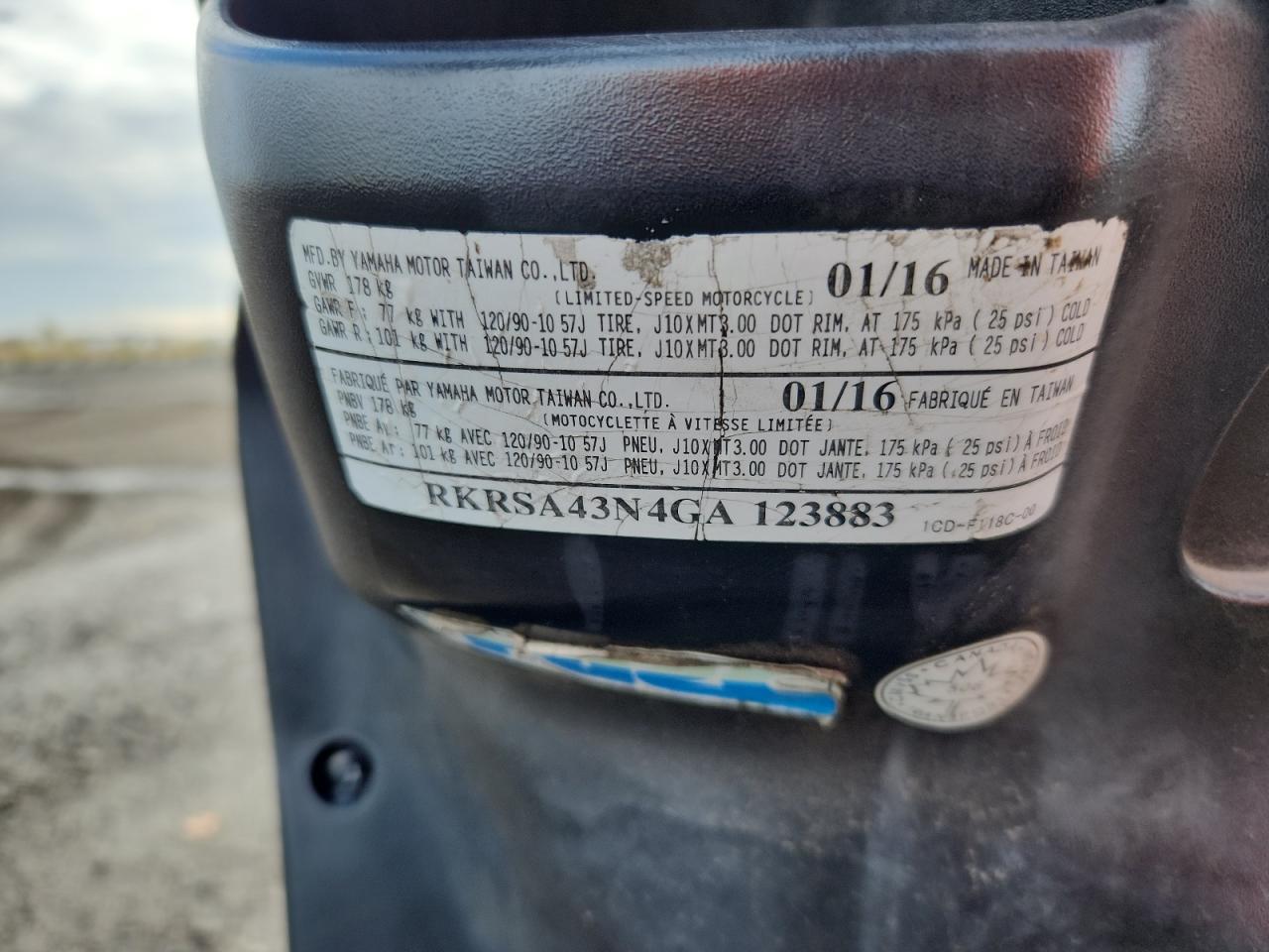 2016 Yamaha Yw50 F VIN: RKRSA43N4GA123883 Lot: 90864315