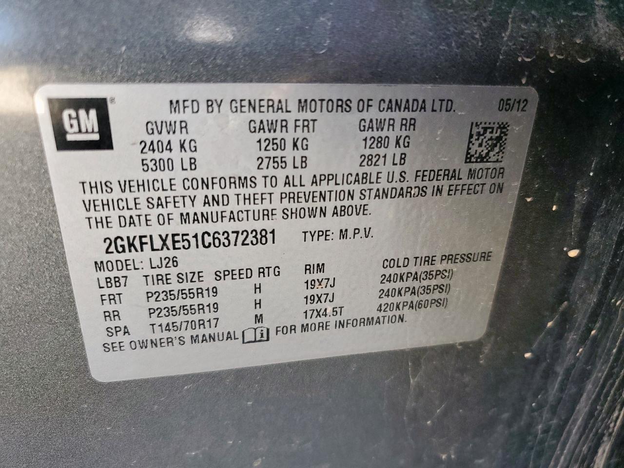 2012 GMC Terrain Slt VIN: 2GKFLXE51C6372381 Lot: 92783335