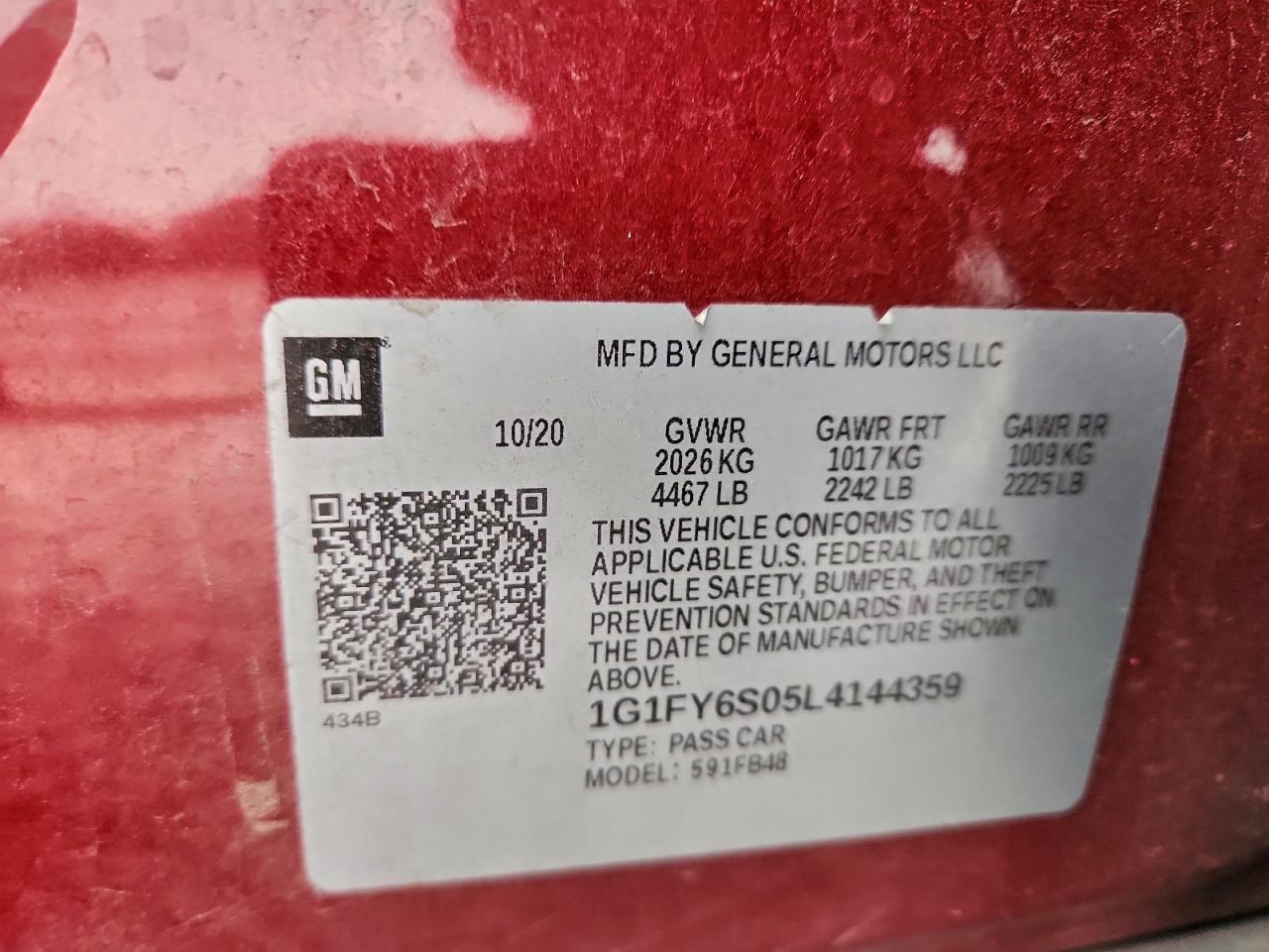 2020 Chevrolet Bolt Ev Lt VIN: 1G1FY6S05L4144359 Lot: 94491215