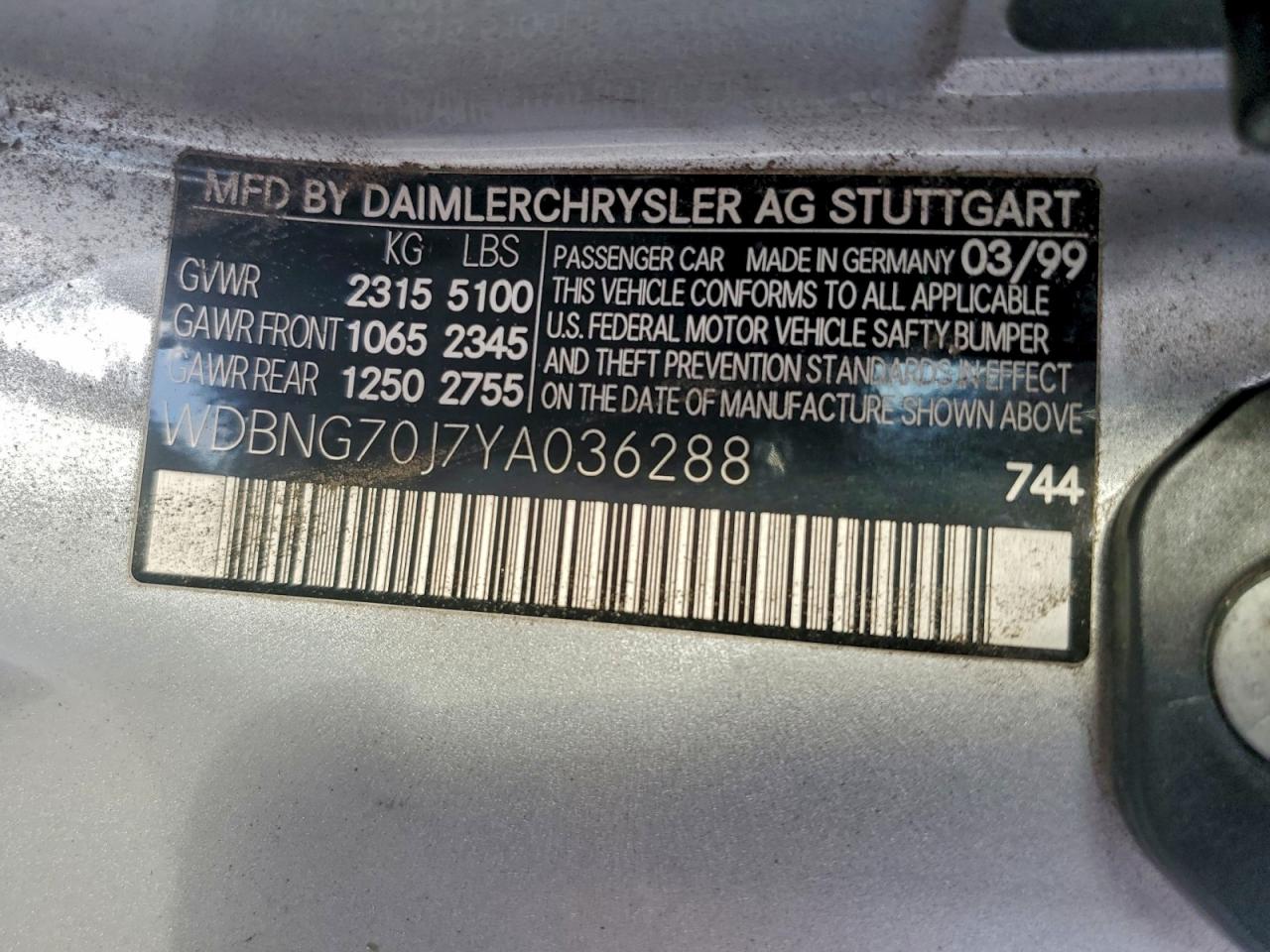 2000 Mercedes-Benz S 430 VIN: WDBNG70J7YA036288 Lot: 91993865