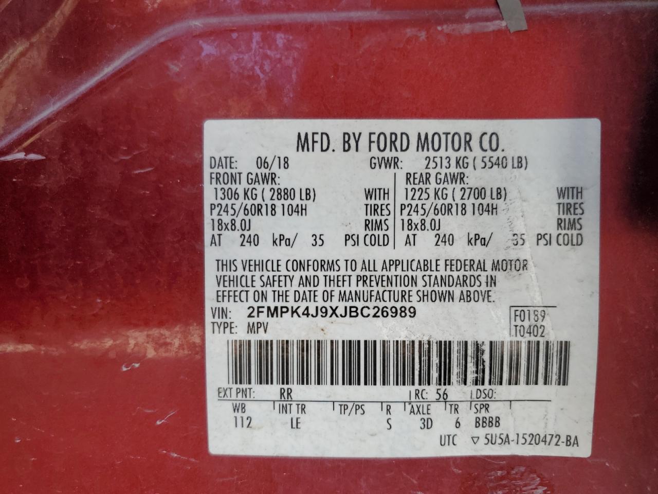 2018 Ford Edge Sel VIN: 2FMPK4J9XJBC26989 Lot: 91095135