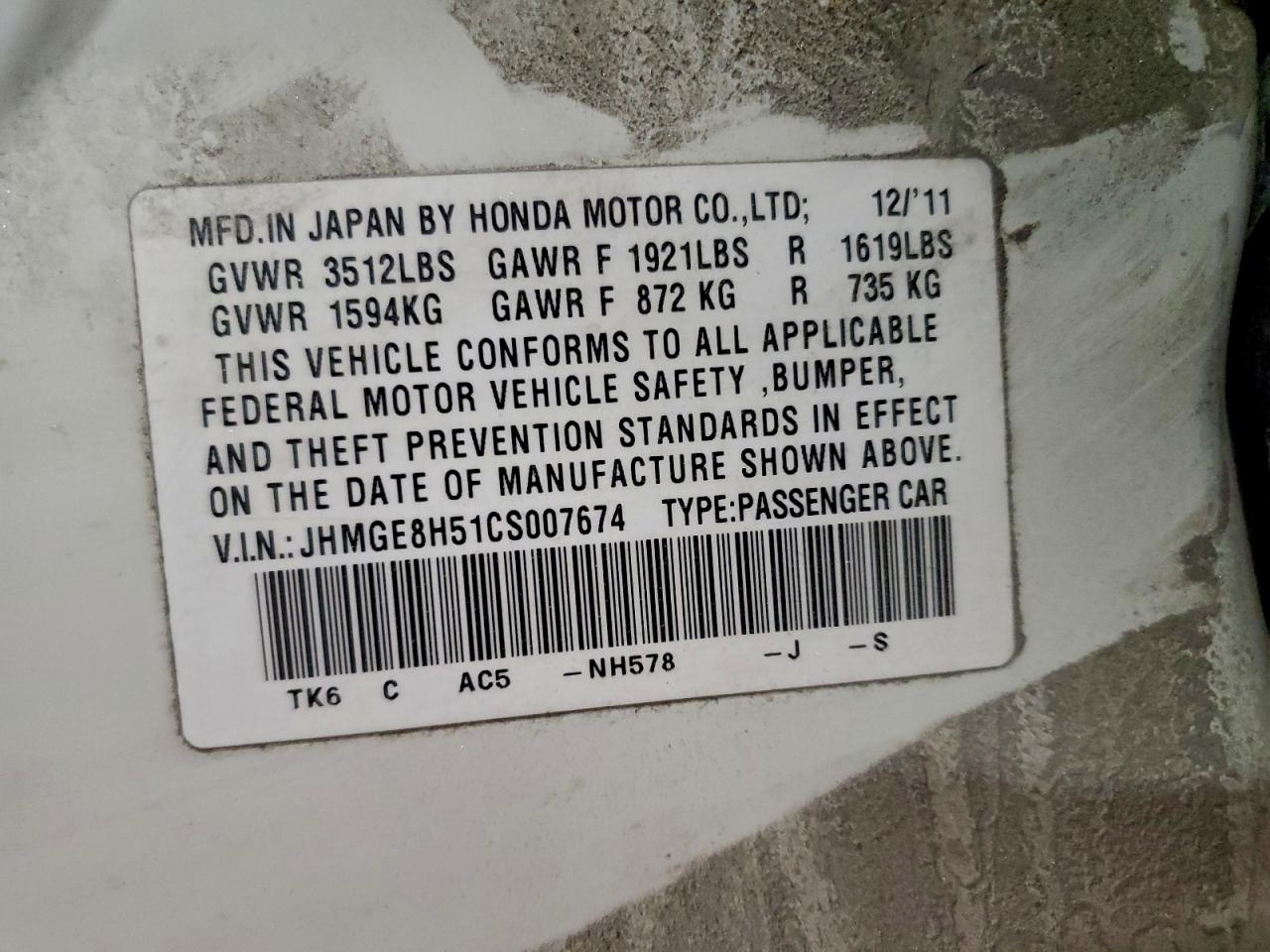 2012 Honda Fit Sport VIN: JHMGE8H51CS007674 Lot: 93680325