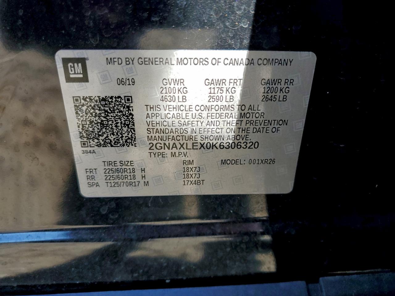 2019 Chevrolet Equinox Lt VIN: 2GNAXLEX0K6306320 Lot: 94587855