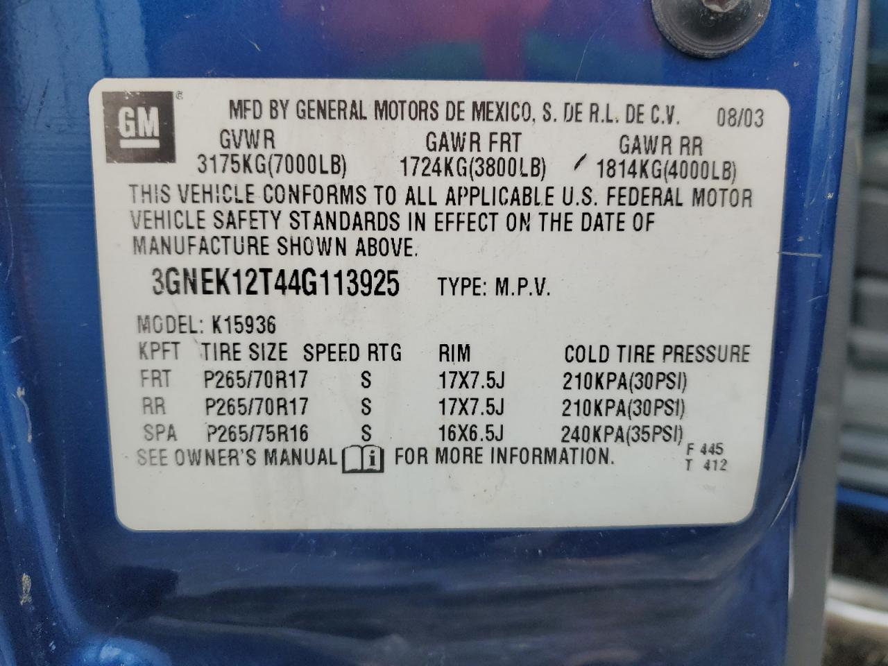 2004 Chevrolet Avalanche K1500 VIN: 3GNEK12T44G113925 Lot: 91392505