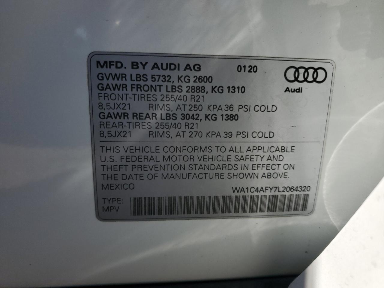 2020 Audi Sq5 Prestige VIN: WA1C4AFY7L2064320 Lot: 92824895