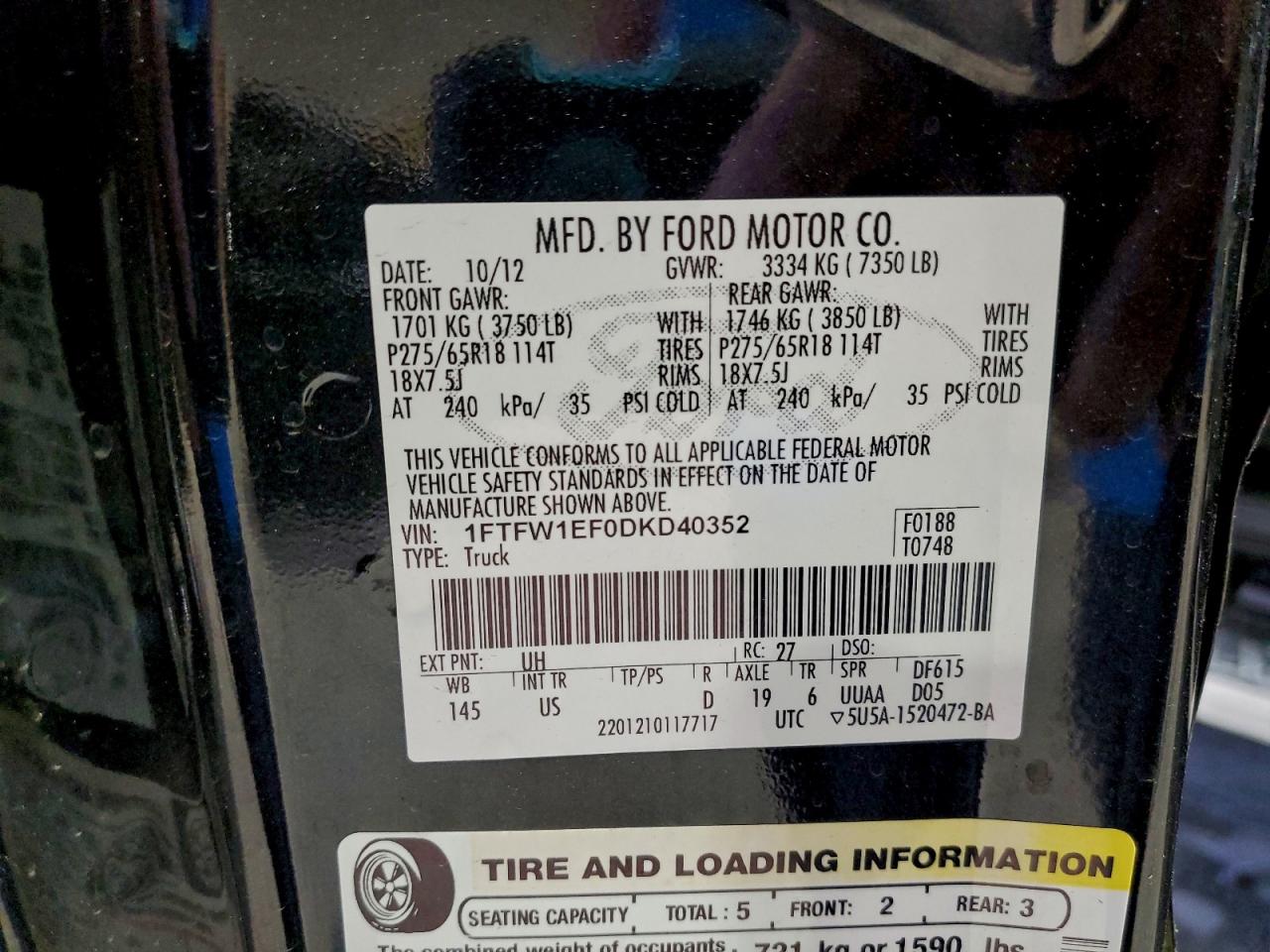 2013 Ford F150 Supercrew VIN: 1FTFW1EF0DKD40352 Lot: 93878015