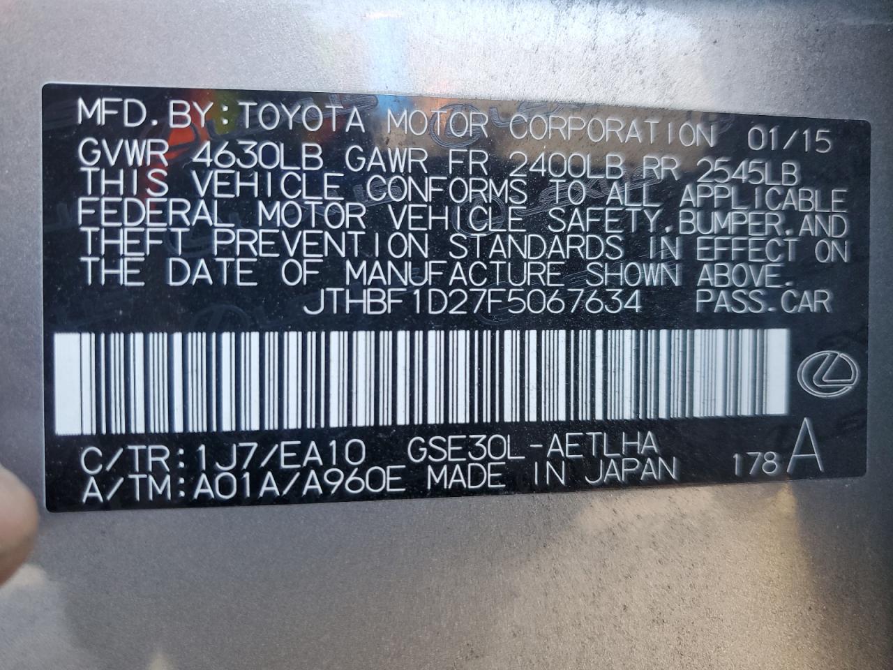 2015 Lexus Is 250 VIN: JTHBF1D27F5067634 Lot: 92482745