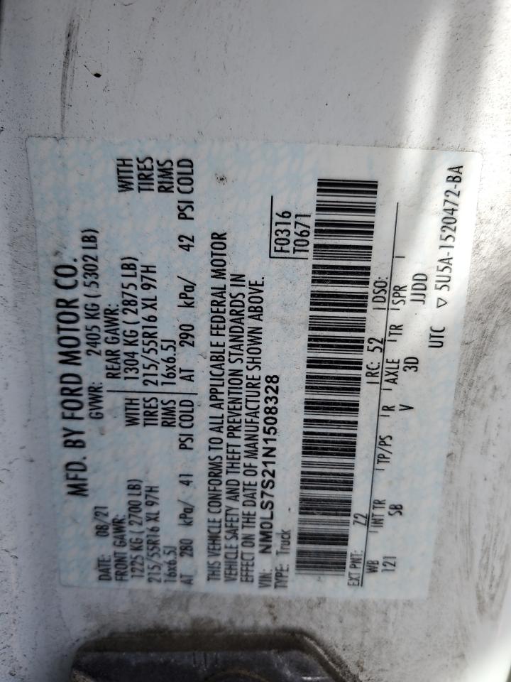 2022 Ford Transit Co Utility / Service Van VIN: NM0LS7S21N1508328 Lot: 91684615