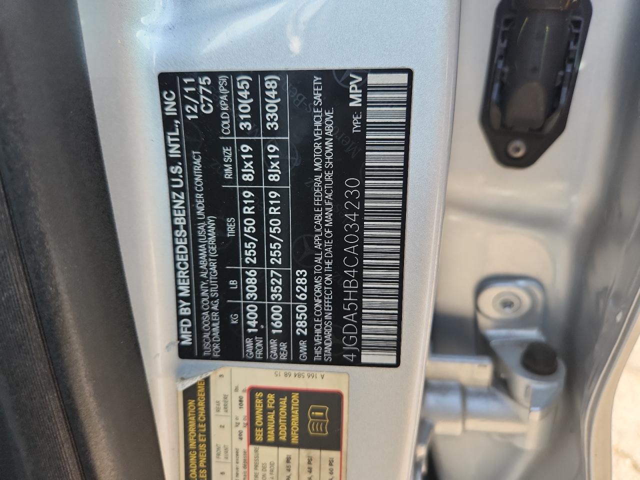 2012 Mercedes-Benz Ml 350 4Matic VIN: 4JGDA5HB4CA034230 Lot: 85415065