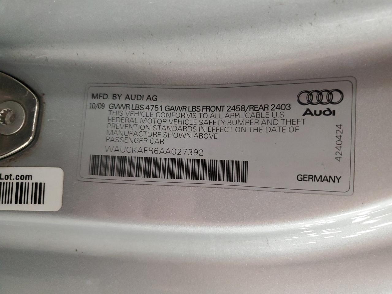 2010 Audi A5 Premium Plus VIN: WAUCKAFR6AA027392 Lot: 93135855