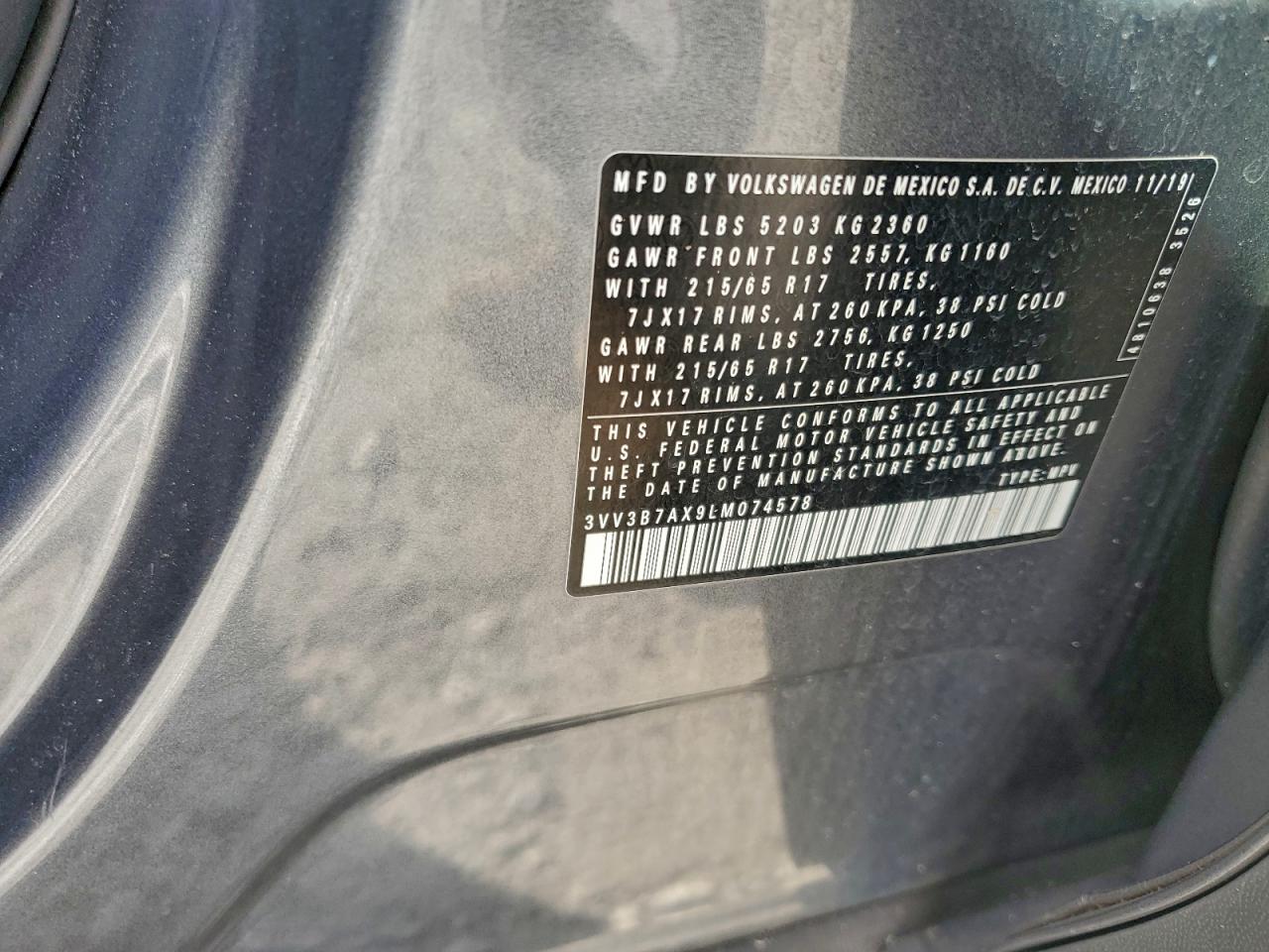 2020 Volkswagen Tiguan Se VIN: 3VV3B7AX9LM074578 Lot: 93929035