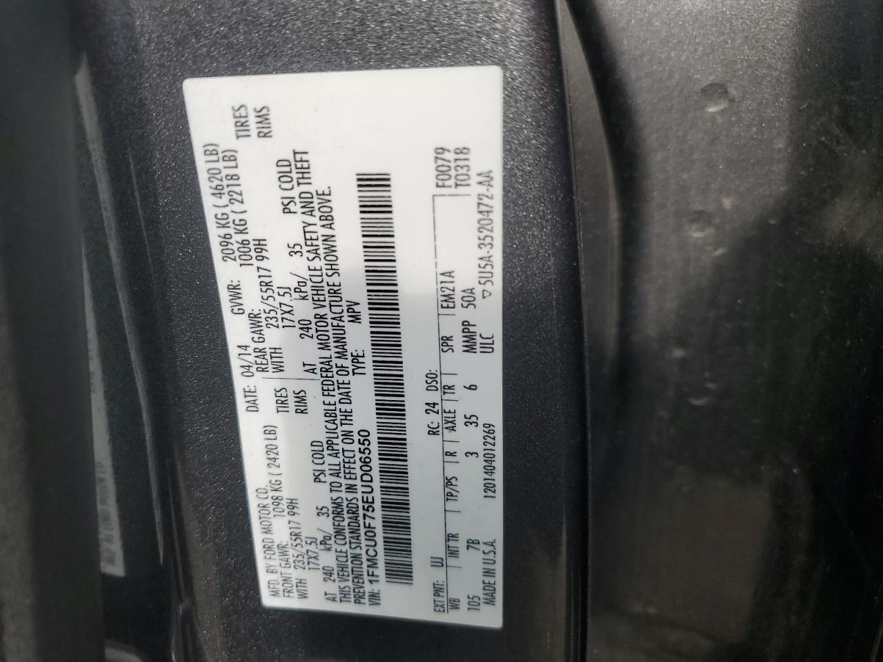 2014 Ford Escape S VIN: 1FMCU0F75EUD06550 Lot: 92461135