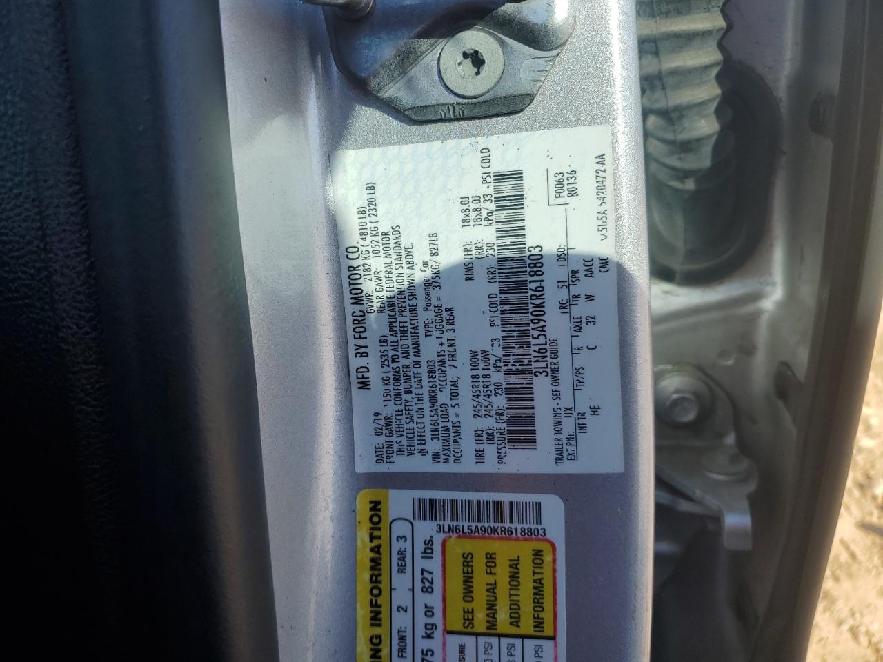 2019 Lincoln Mkz VIN: 3LN6L5A90KR618803 Lot: 90901735