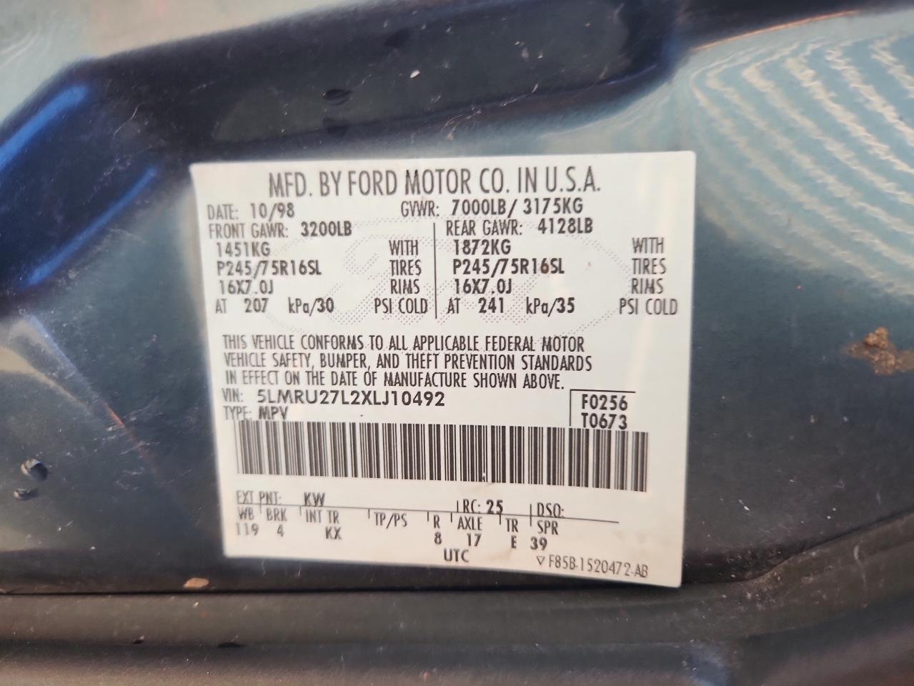 1999 Lincoln Navigator VIN: 5LMRU27L2XLJ10492 Lot: 91292395