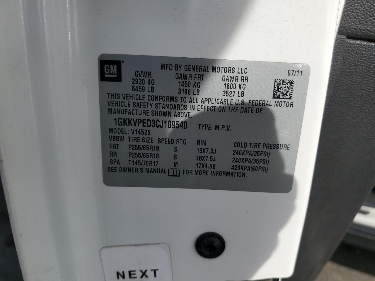 2012 GMC Acadia Sle VIN: 1GKKVPED3CJ109540 Lot: 91605665