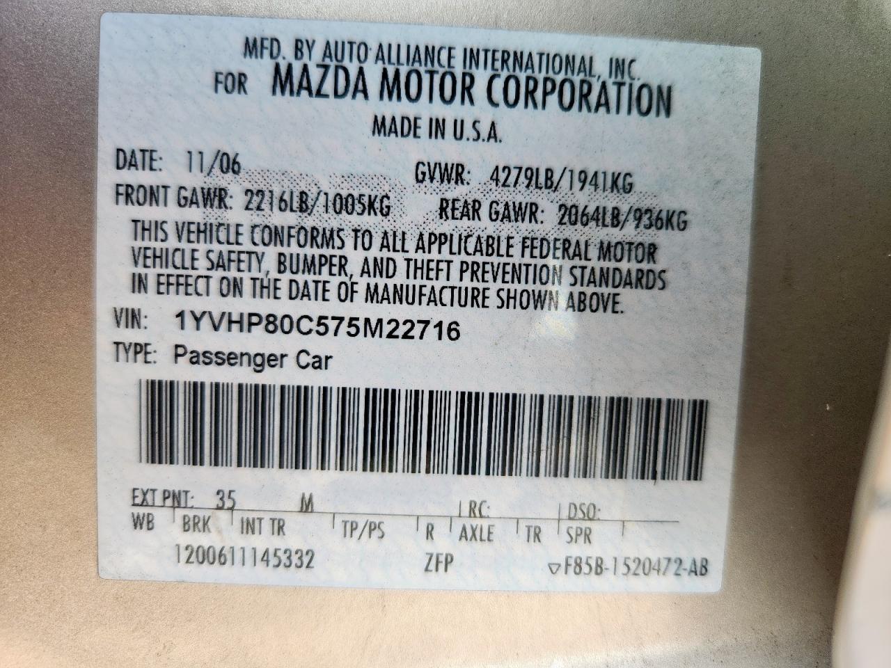 2007 Mazda 6 I VIN: 1YVHP80C575M22716 Lot: 93389065