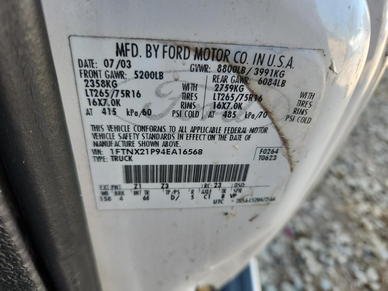 2004 Ford F250 Super Duty VIN: 1FTNX21P94EA16568 Lot: 82629135