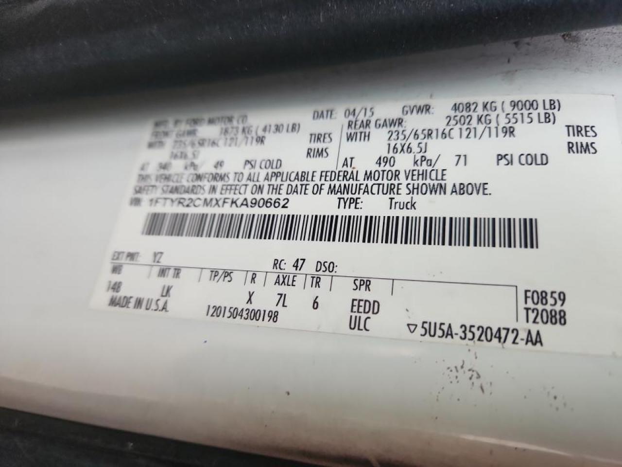 2015 Ford Transit Delivery Van VIN: 1FTYR2CMXFKA90662 Lot: 92840665