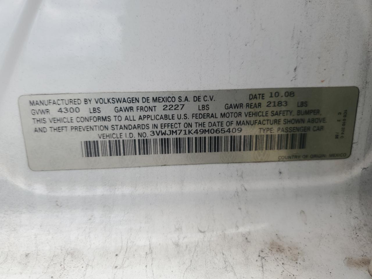 2009 Volkswagen Jetta S VIN: 3VWJM71K49M065409 Lot: 91902685