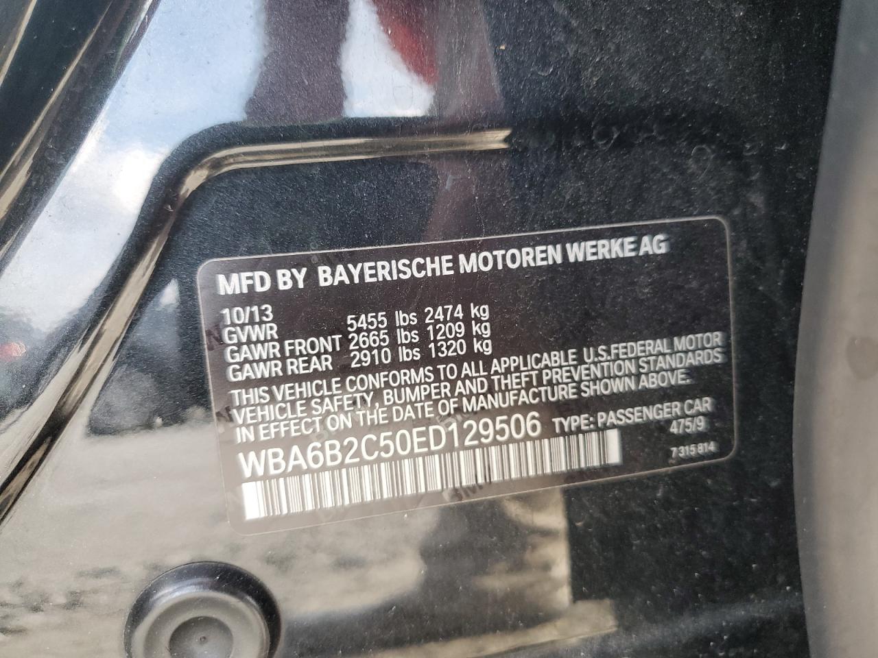 2014 BMW 650 I Gran Coupe VIN: WBA6B2C50ED129506 Lot: 91476785