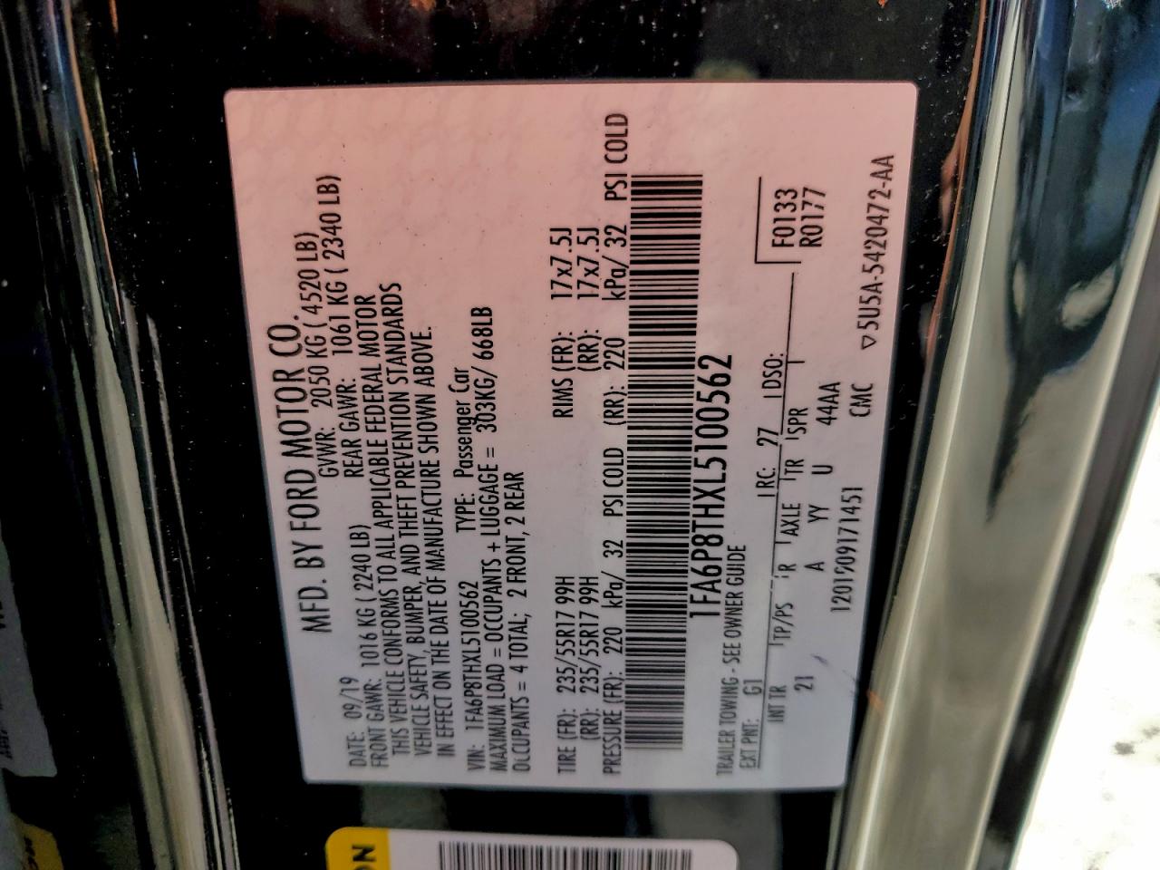 2020 Ford Mustang VIN: 1FA6P8THXL5100562 Lot: 93816055