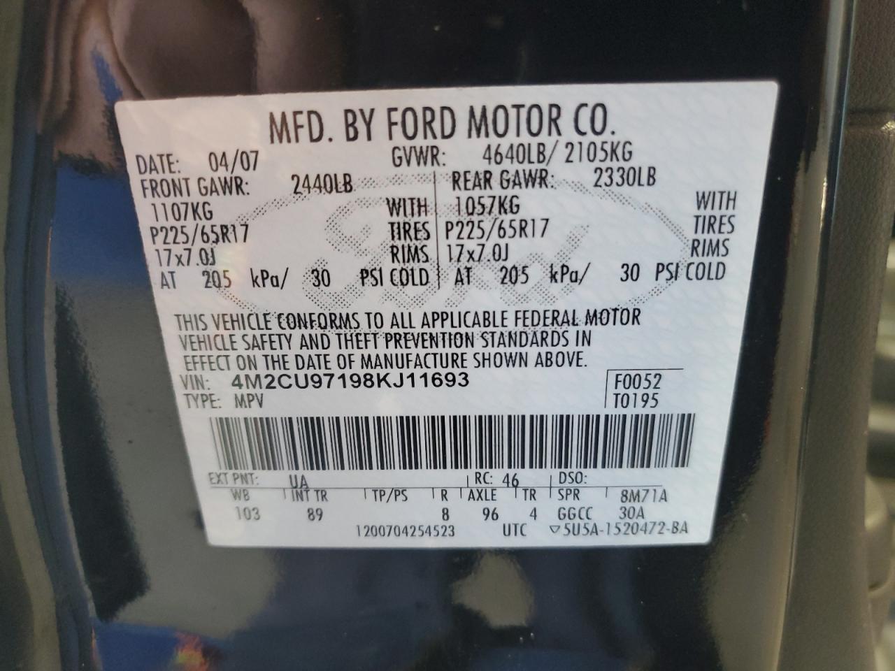 2008 Mercury Mariner Premier VIN: 4M2CU97198KJ11693 Lot: 92216665