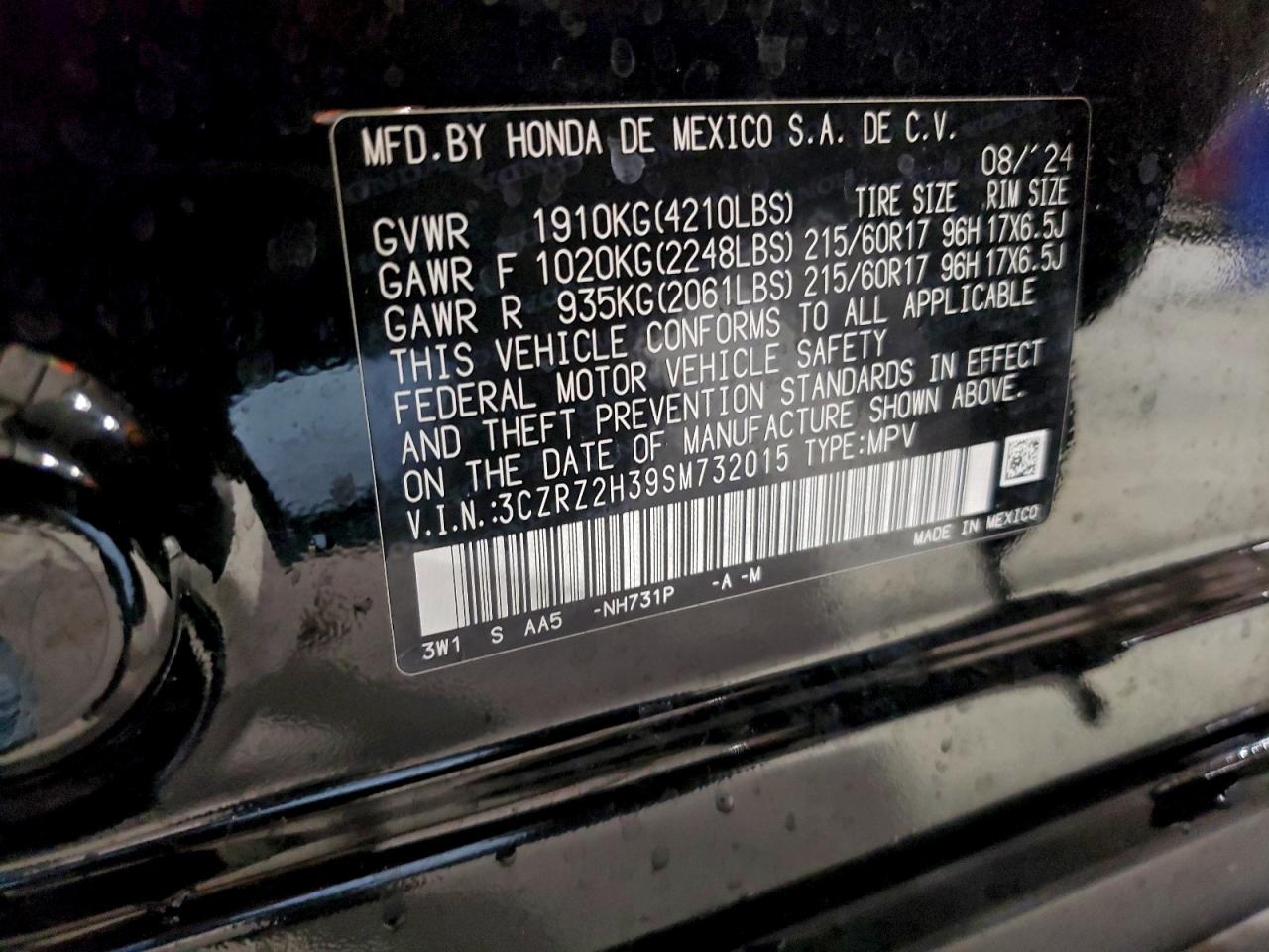 2025 Honda Hr-V Lx VIN: 3CZRZ2H39SM732015 Lot: 94031795