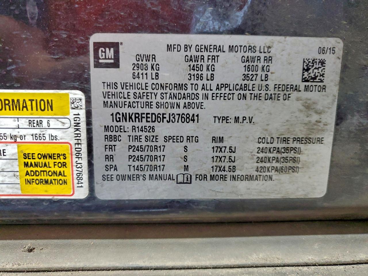 2015 Chevrolet Traverse Ls VIN: 1GNKRFED6FJ376841 Lot: 94518955