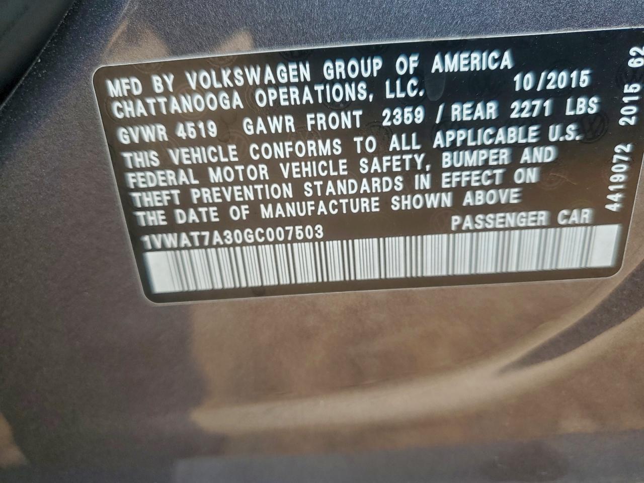 2016 Volkswagen Passat S VIN: 1VWAT7A30GC007503 Lot: 93185155