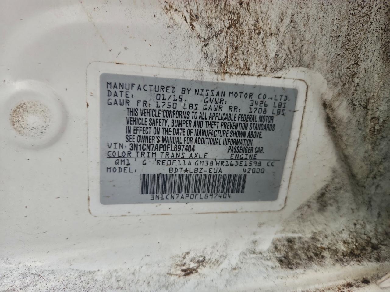 2015 Nissan Versa S VIN: 3N1CN7AP0FL897404 Lot: 91902955