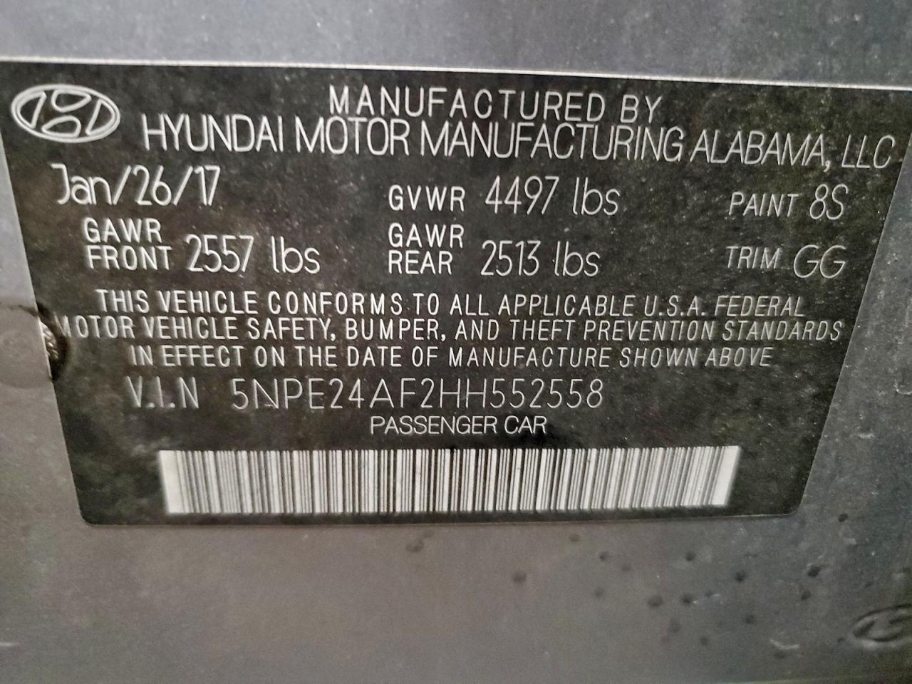 2017 Hyundai Sonata Se VIN: 5NPE24AF2HH552558 Lot: 94478235