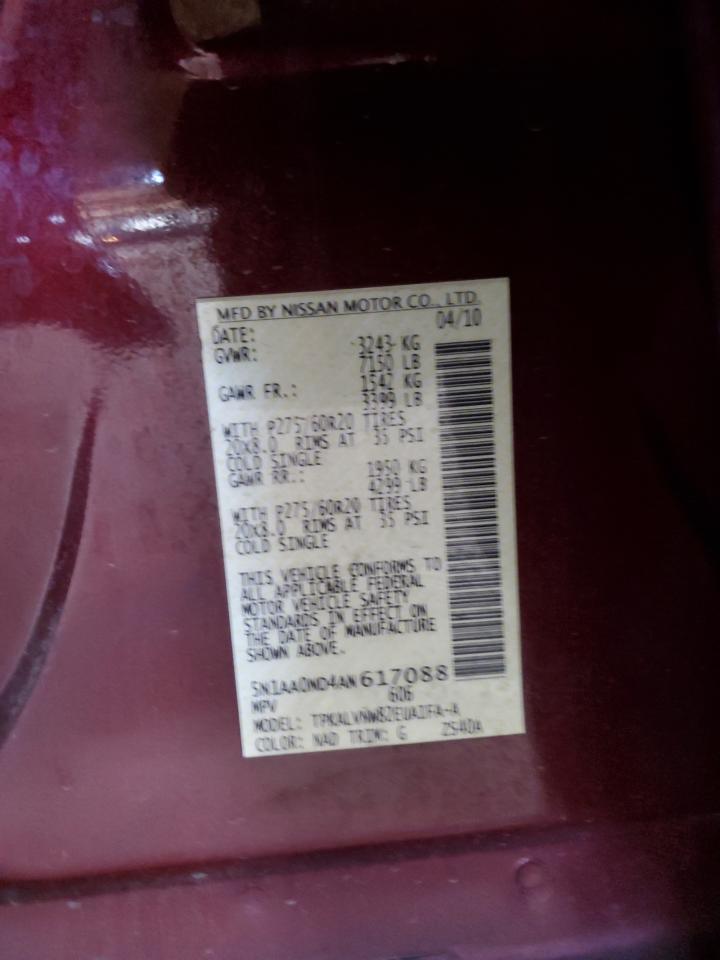 2010 Nissan Armada Se VIN: 5N1AA0ND4AN617088 Lot: 92452465