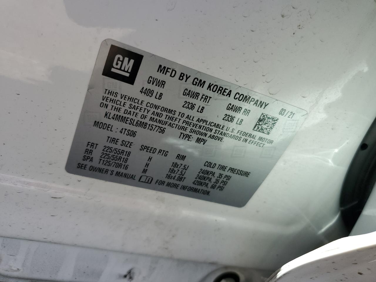 2021 Buick Encore Gx Select VIN: KL4MMESL6MB157756 Lot: 91494705