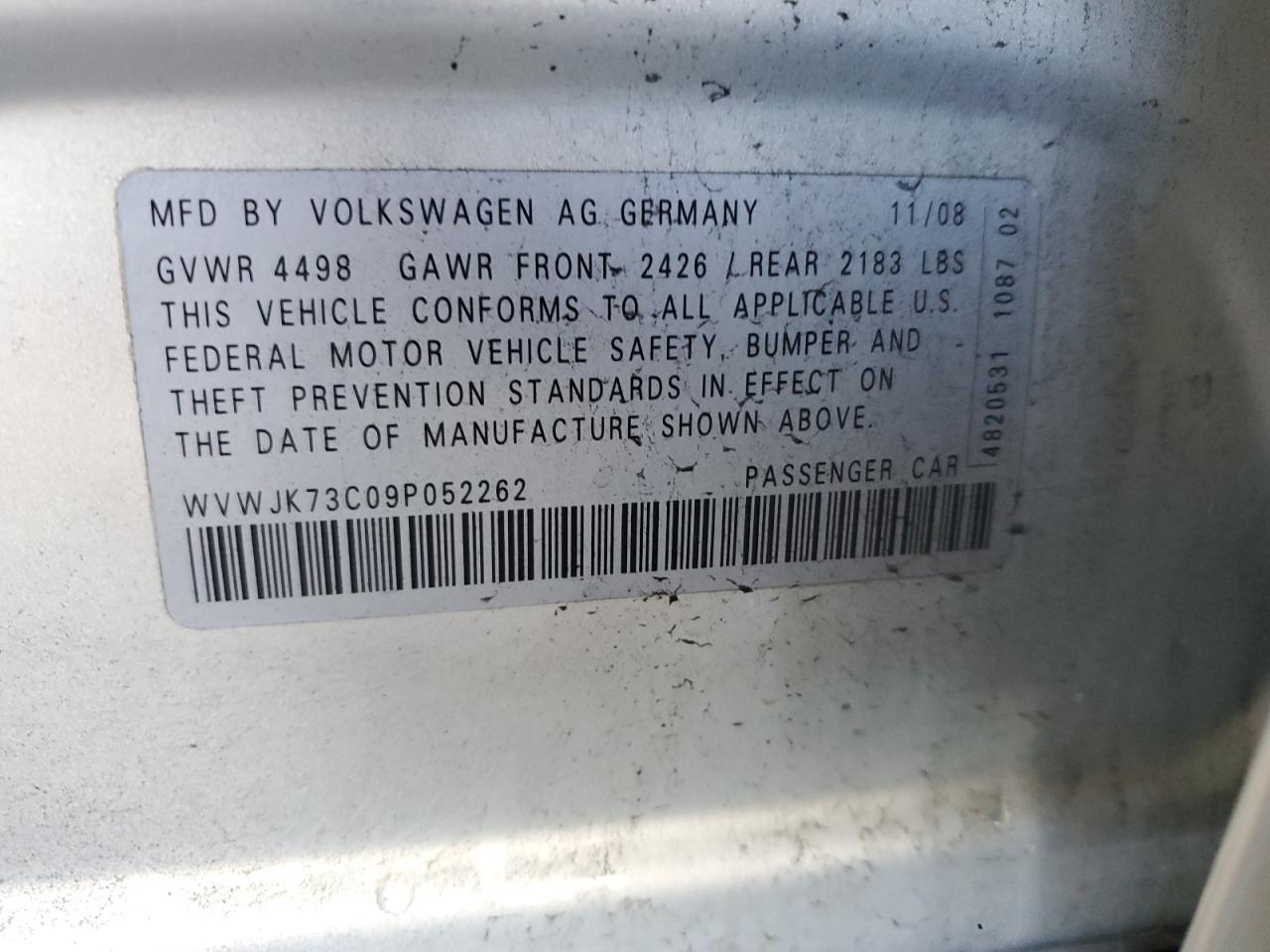 2009 Volkswagen Passat Turbo VIN: WVWJK73C09P052262 Lot: 91912995