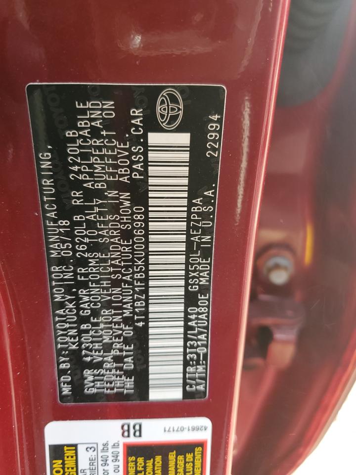 2019 Toyota Avalon Xle VIN: 4T1BZ1FB5KU006980 Lot: 92997155