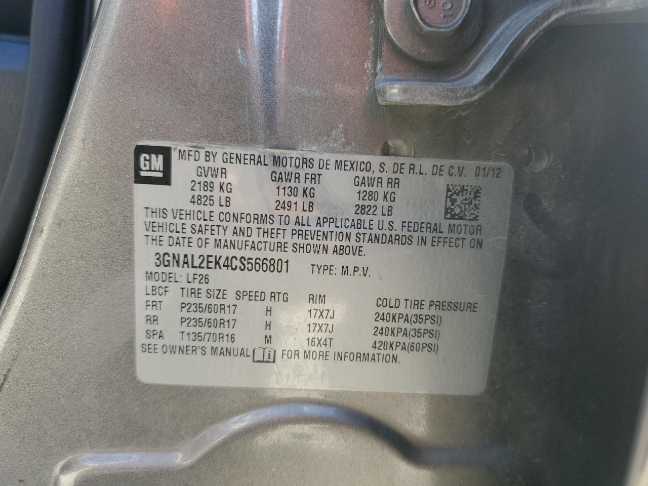 2012 Chevrolet Captiva Sport VIN: 3GNAL2EK4CS566801 Lot: 91923315