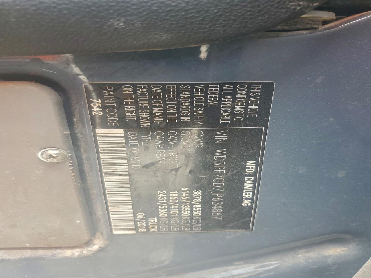 2018 Mercedes-Benz Sprinter 2500 VIN: WD3PE7CD7JP634867 Lot: 93952565