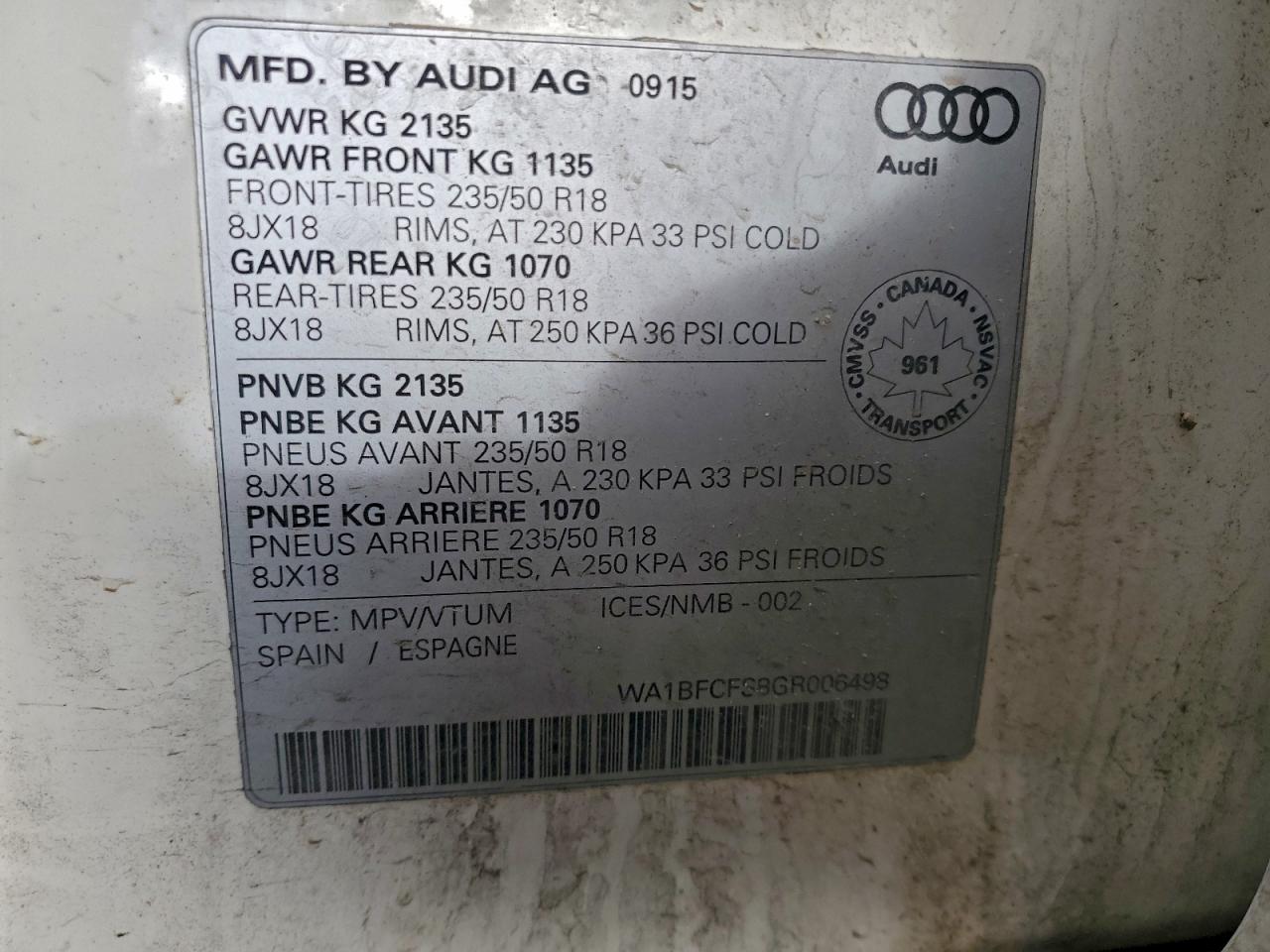 2016 Audi Q3 Premium Plus VIN: WA1BFCFS8GR006498 Lot: 94466215