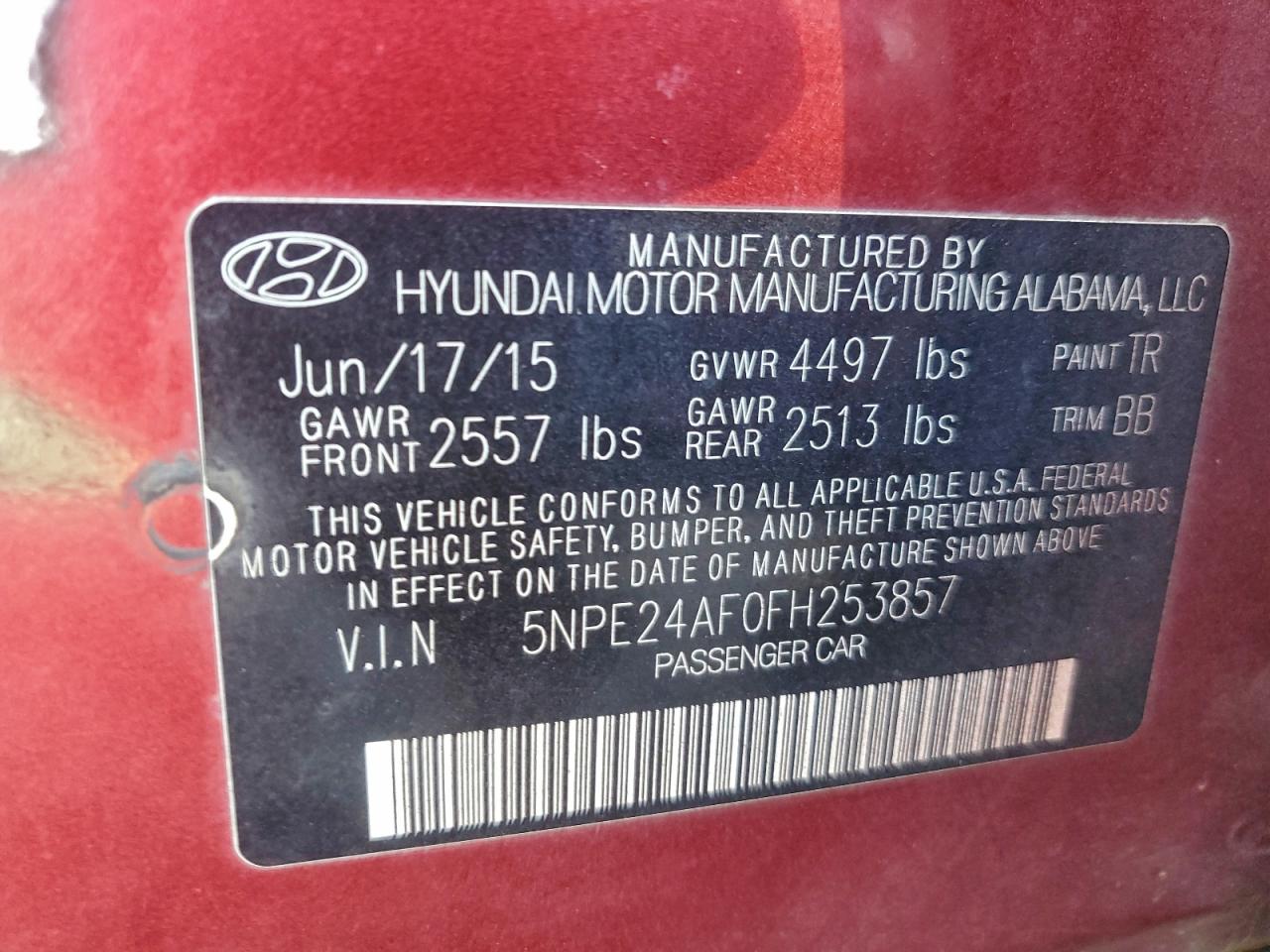 2015 Hyundai Sonata Se VIN: 5NPE24AF0FH253857 Lot: 92889765