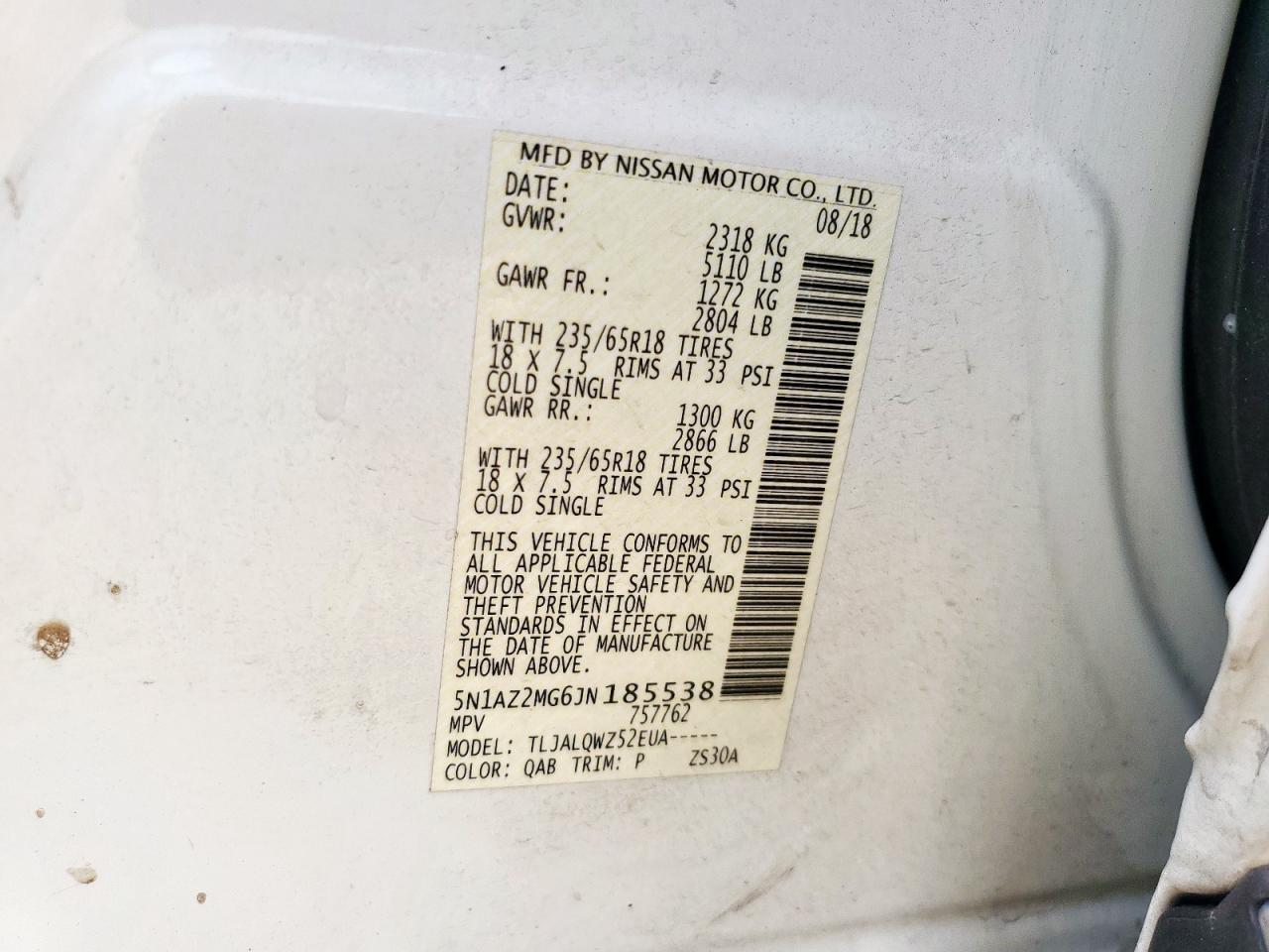 2018 Nissan Murano S VIN: 5N1AZ2MG6JN185538 Lot: 93374815