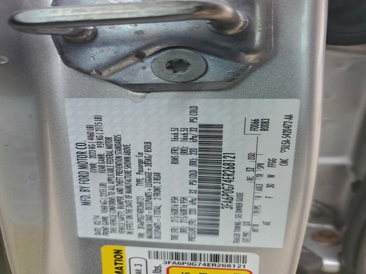 2014 Ford Fusion S VIN: 3FA6P0G74ER268121 Lot: 93933245