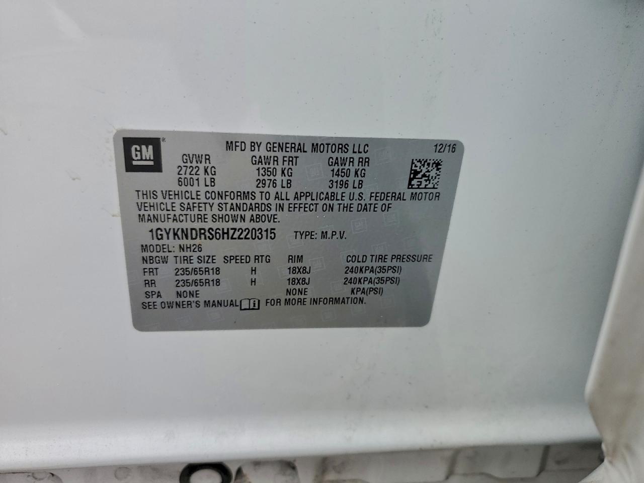 2017 Cadillac Xt5 Luxury VIN: 1GYKNDRS6HZ220315 Lot: 93087125