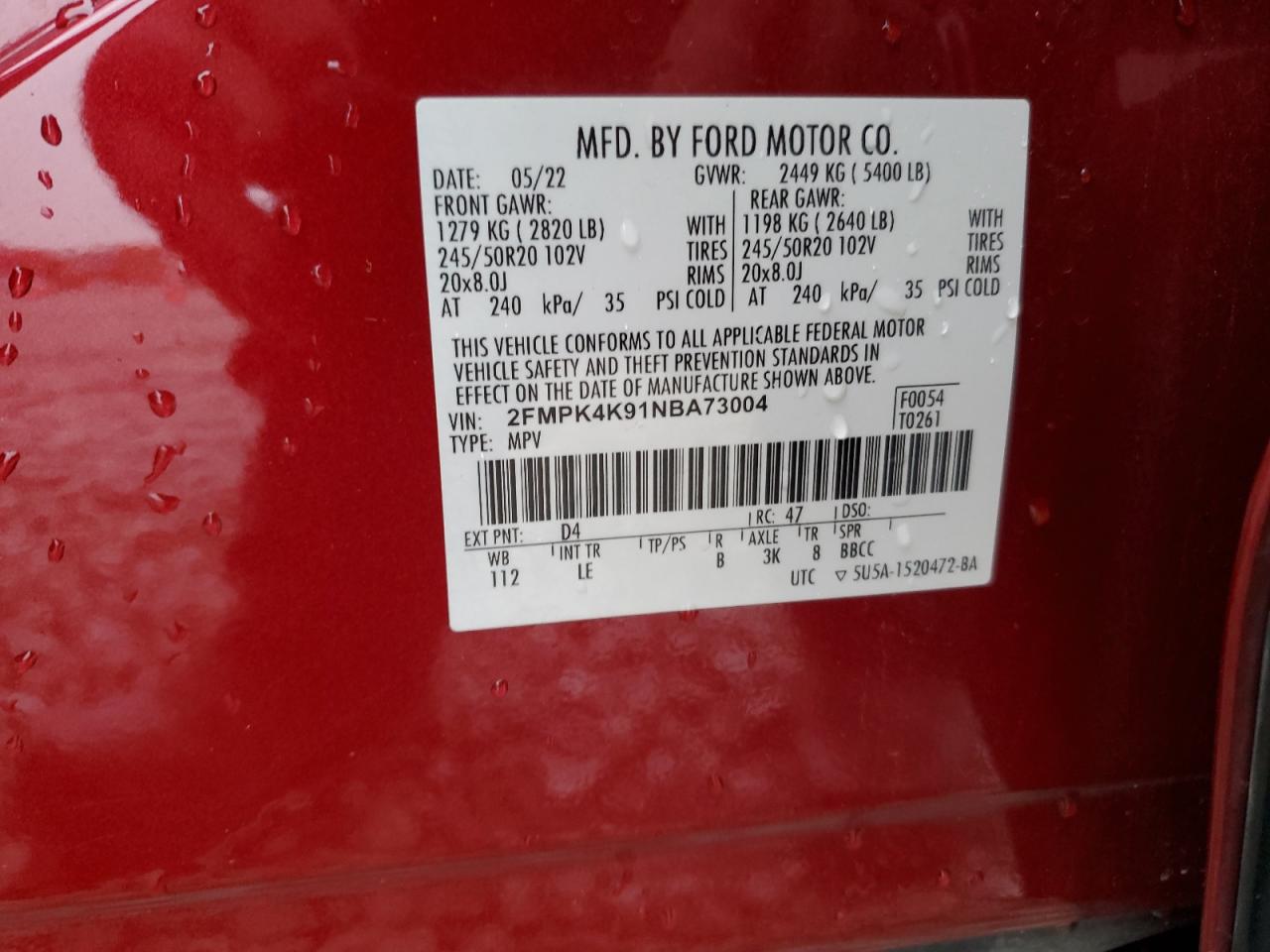 2022 Ford Edge Titanium VIN: 2FMPK4K91NBA73004 Lot: 93436005