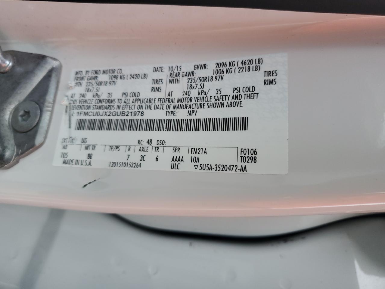 2016 Ford Escape Titanium VIN: 1FMCU0JX2GUB21978 Lot: 92039825