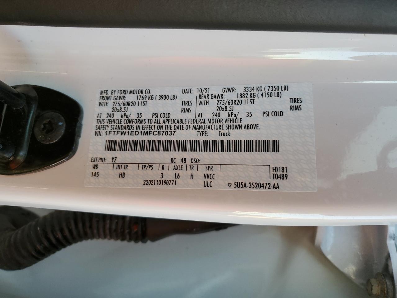 2021 Ford F150 Supercrew VIN: 1FTFW1ED1MFC87037 Lot: 90826325