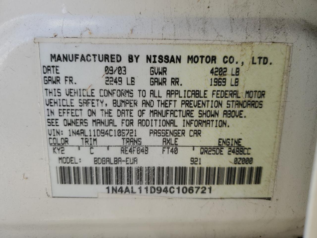 2004 Nissan Altima Base VIN: 1N4AL11D94C106721 Lot: 85430565