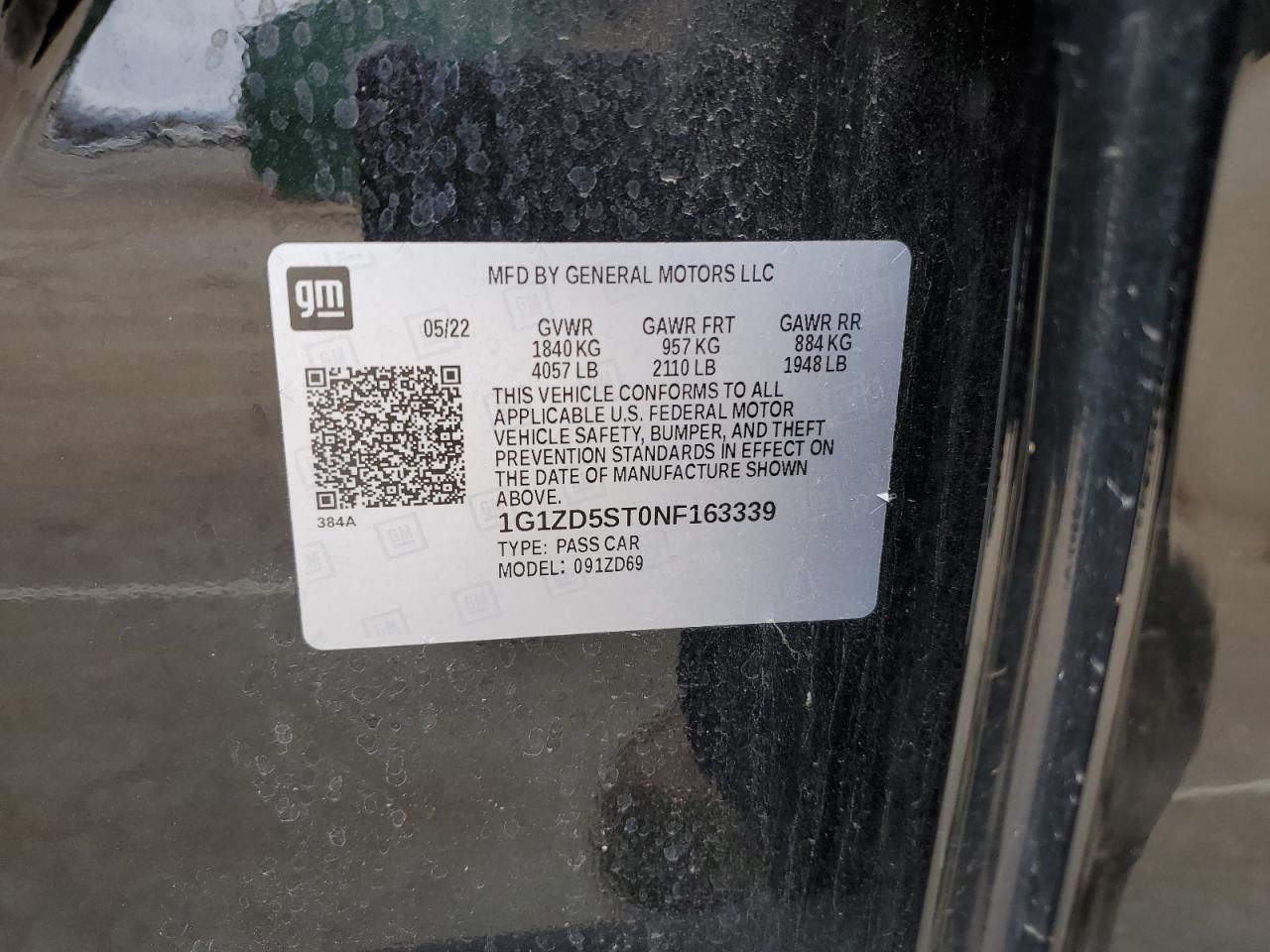 2022 Chevrolet Malibu Lt VIN: 1G1ZD5ST0NF163339 Lot: 91542885